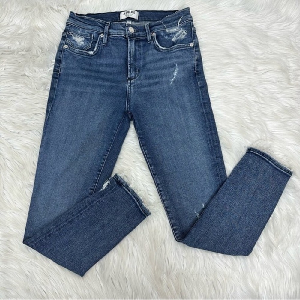AGOLDE Women's Mid Rise Skinny Jeans Distressed Blue Denim Size 26‎